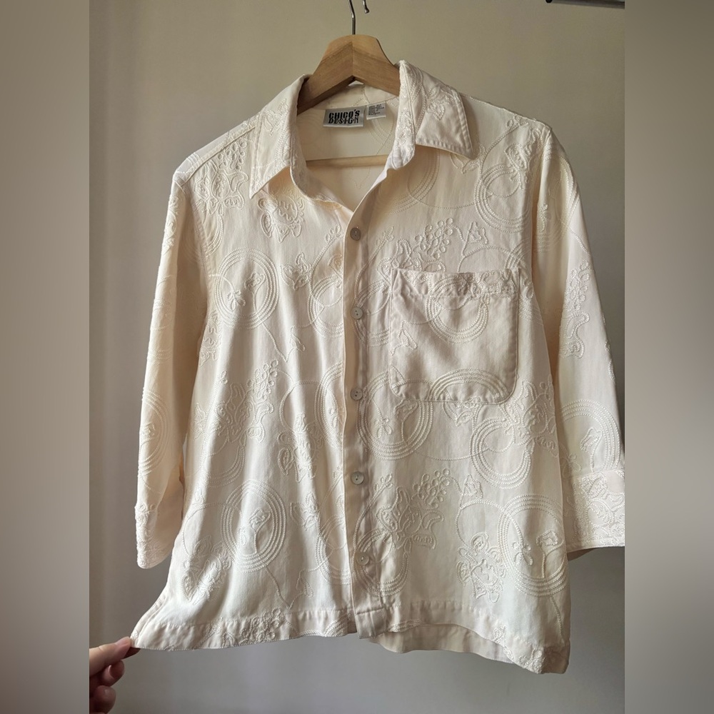 1990s Embroidered Cream Silk Blend Blouse